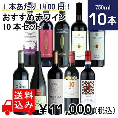 【送料込み】 1本あたり1,100円！おすすめ赤ワイン10本セット 750ml×10本 【DB】